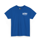 Blue t-shirt with 'The Skinny' text on a white background