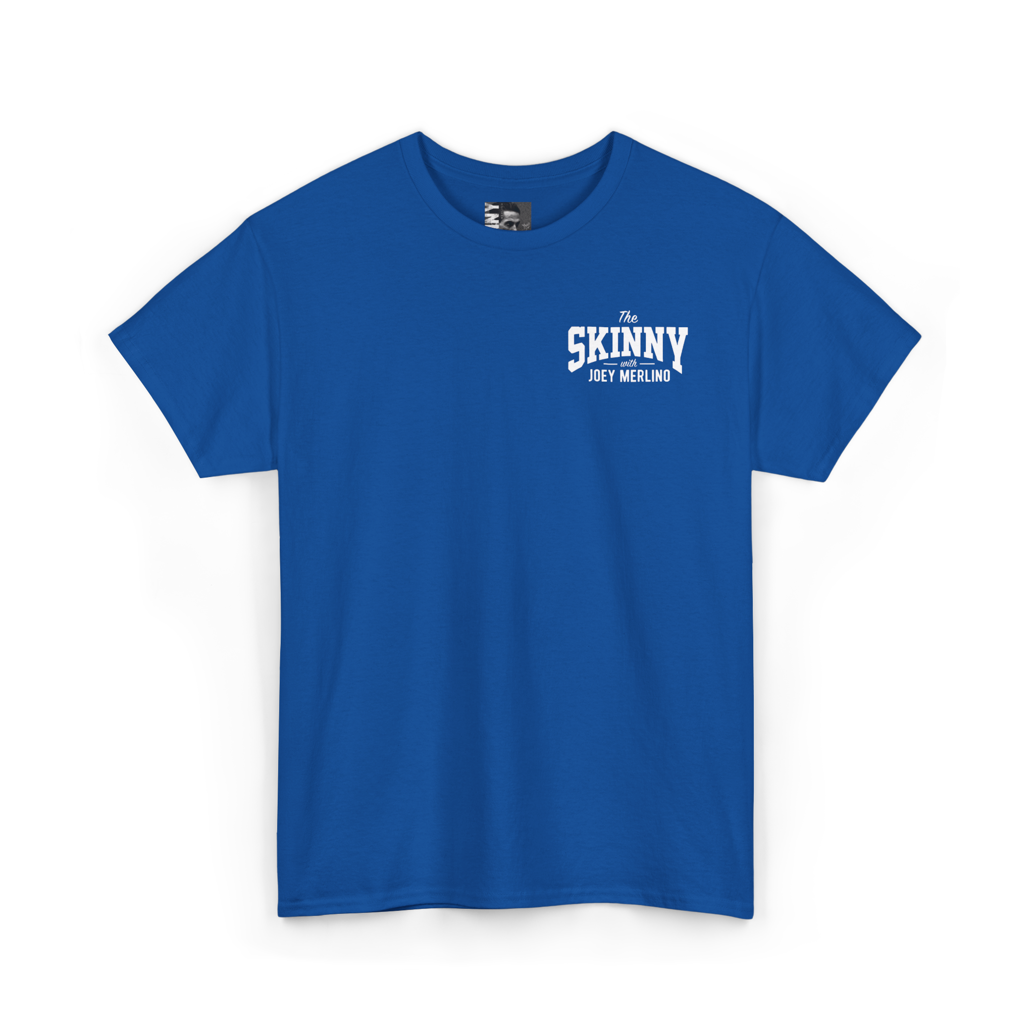 Blue t-shirt with 'The Skinny' text on a white background