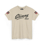 Beige t-shirt with 'Skinny Joey's' text on a white background