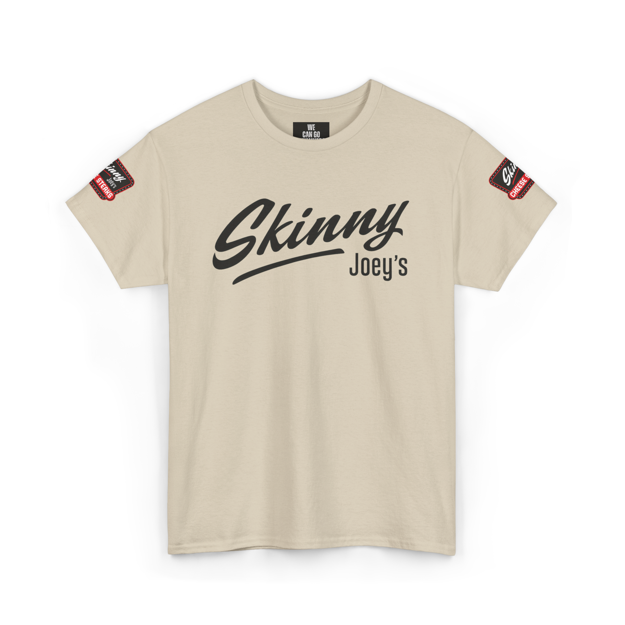 Beige t-shirt with 'Skinny Joey's' text on a white background