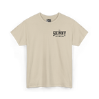 Beige t-shirt with black text on a white background
