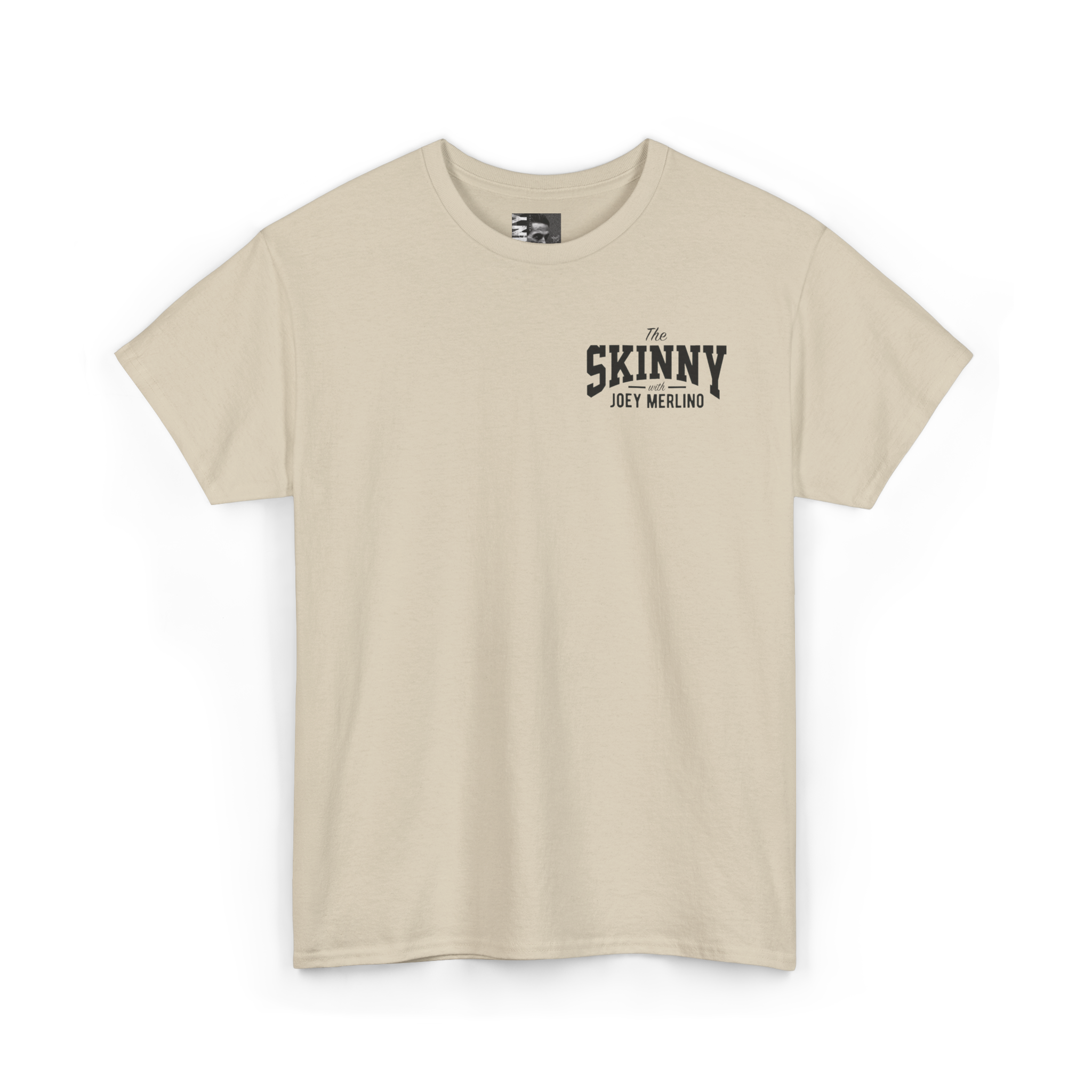Beige t-shirt with black text on a white background