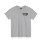 Gray t-shirt with 'The Skinny' text on a white background