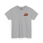 Gray t-shirt with a graphic design on a white background