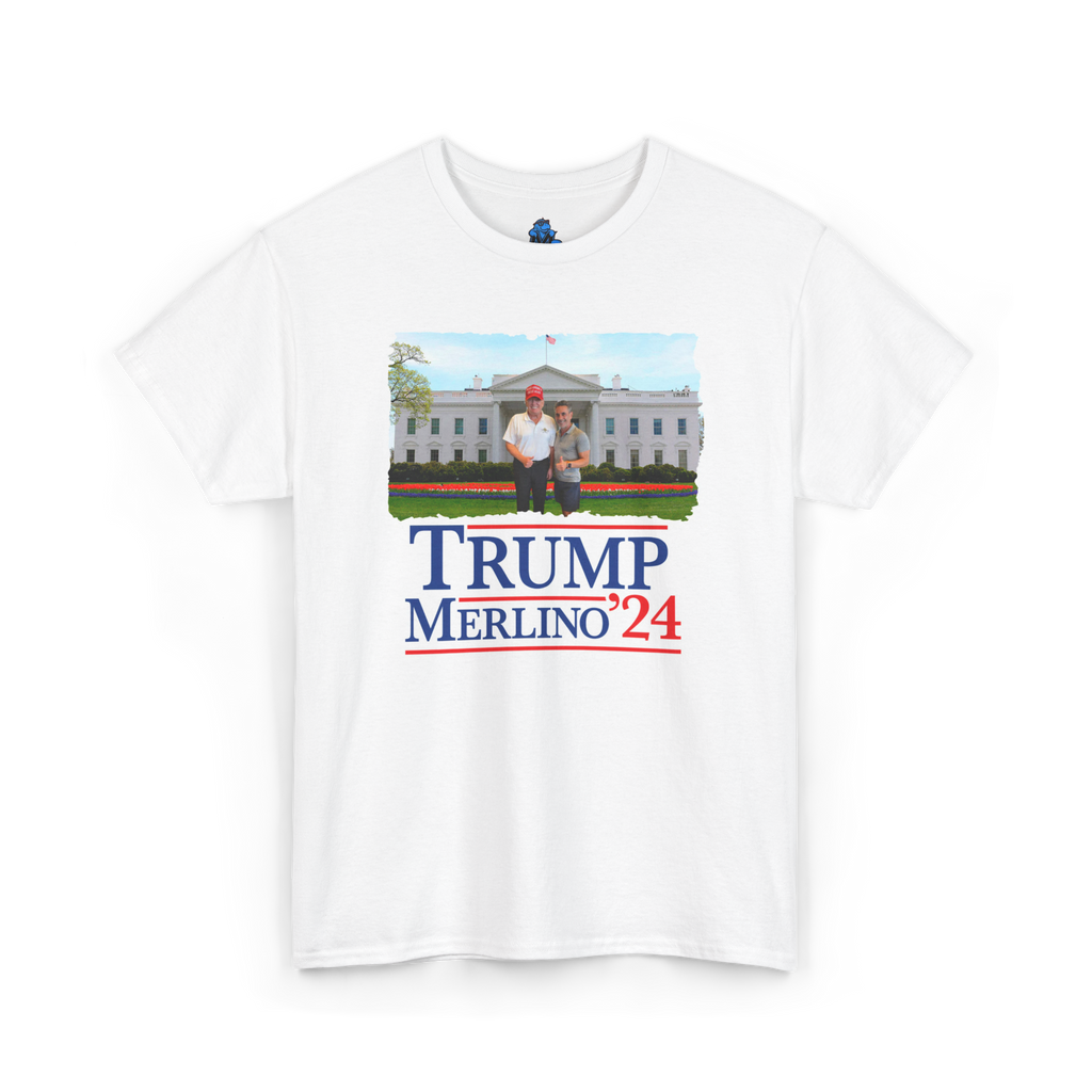 White t-shirt with graphic of two people in front of a building and 'TRUMP MERLINO'24' text.