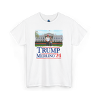White t-shirt with graphic of two people in front of a building and 'TRUMP MERLINO'24' text.