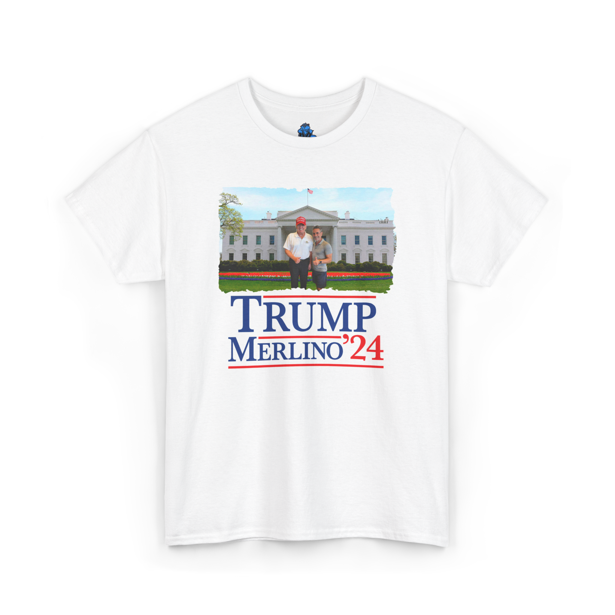 White t-shirt with graphic of two people in front of a building and 'TRUMP MERLINO'24' text.