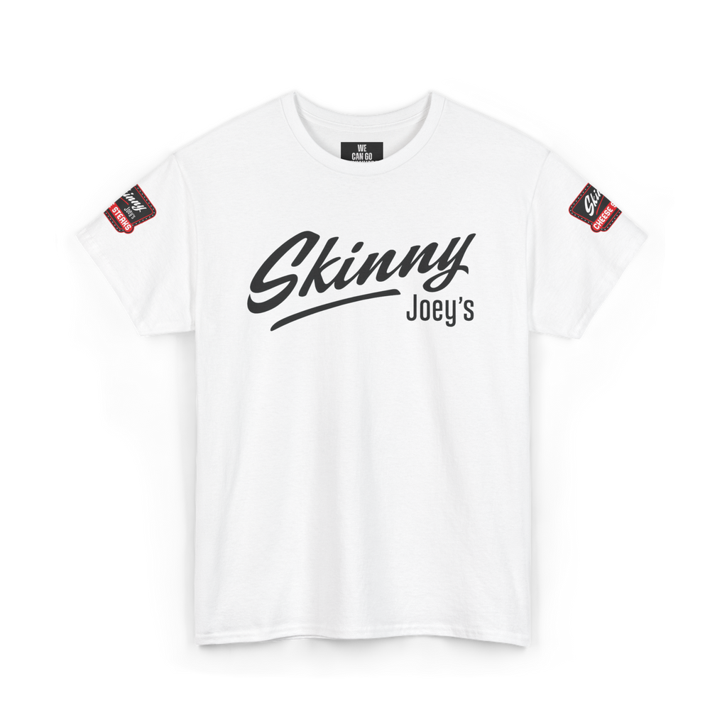 White t-shirt with 'Skinny Joey's' text on a white background