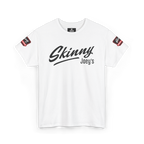White t-shirt with 'Skinny Joey's' text on a white background