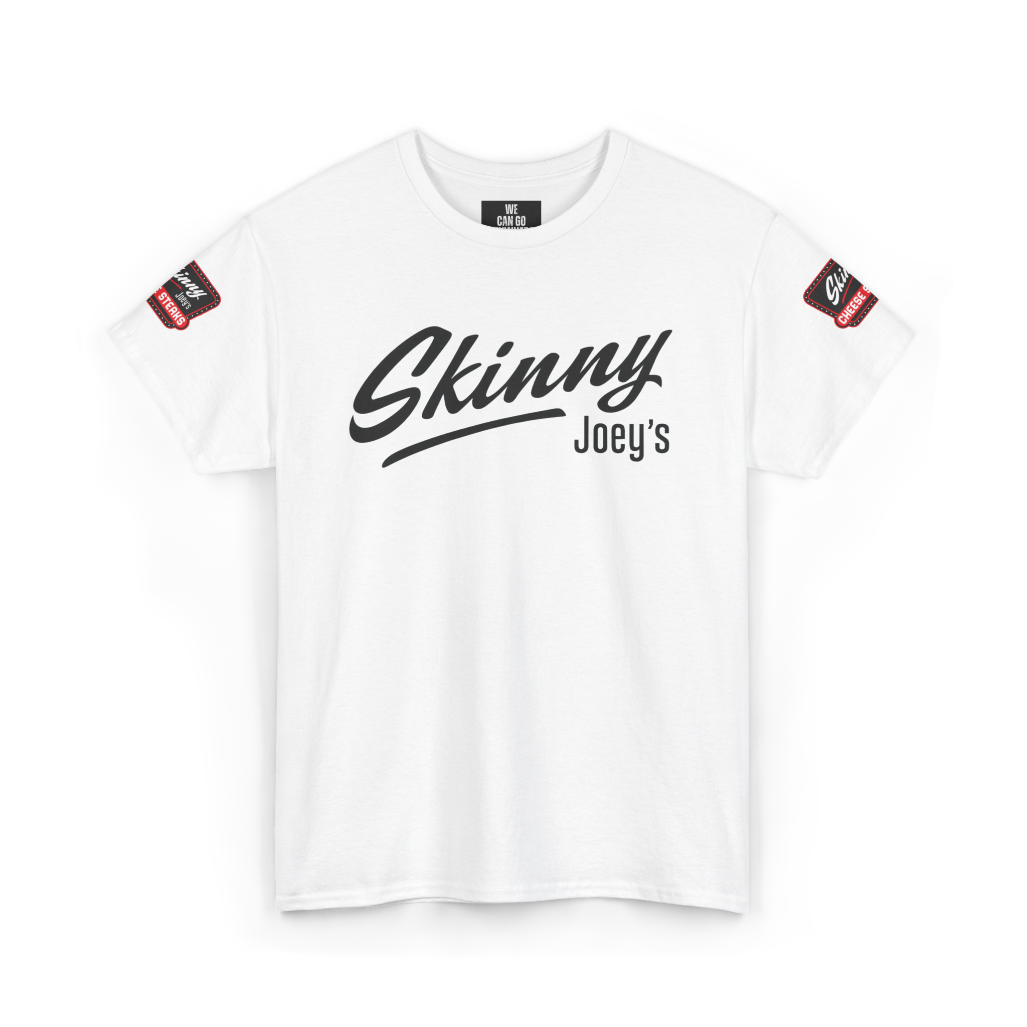 White t-shirt with 'Skinny Joey's' text on a white background