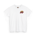 White t-shirt with a graphic design on a white background