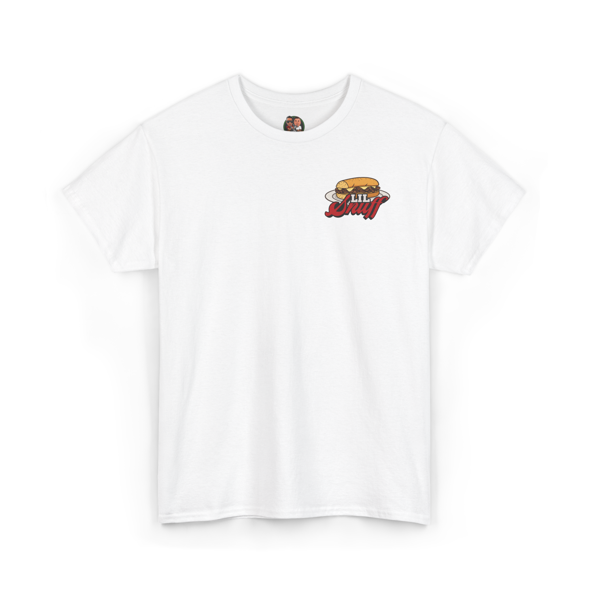 White t-shirt with a graphic design on a white background