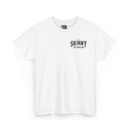 White t-shirt with 'The Skinny' text on a white background