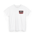 White t-shirt with a logo on the chest against a white background