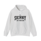 Gray hoodie with 'The Skinny with Joey Merlin' text on a white background