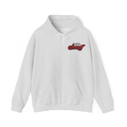 Gray hoodie with red and black logo on a white background
