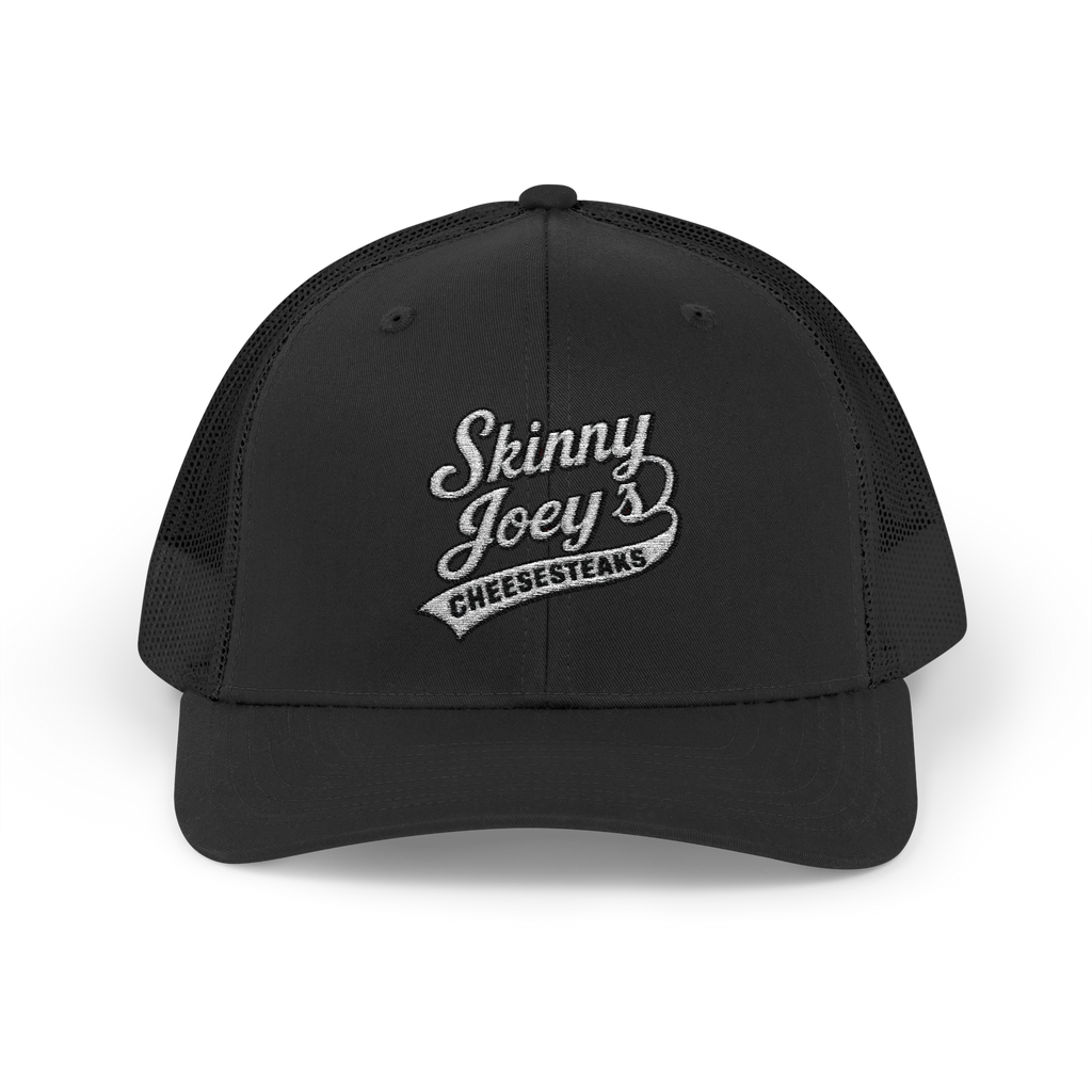 Black cap with 'Skinny Joey's Cheesesteaks' logo on a white background