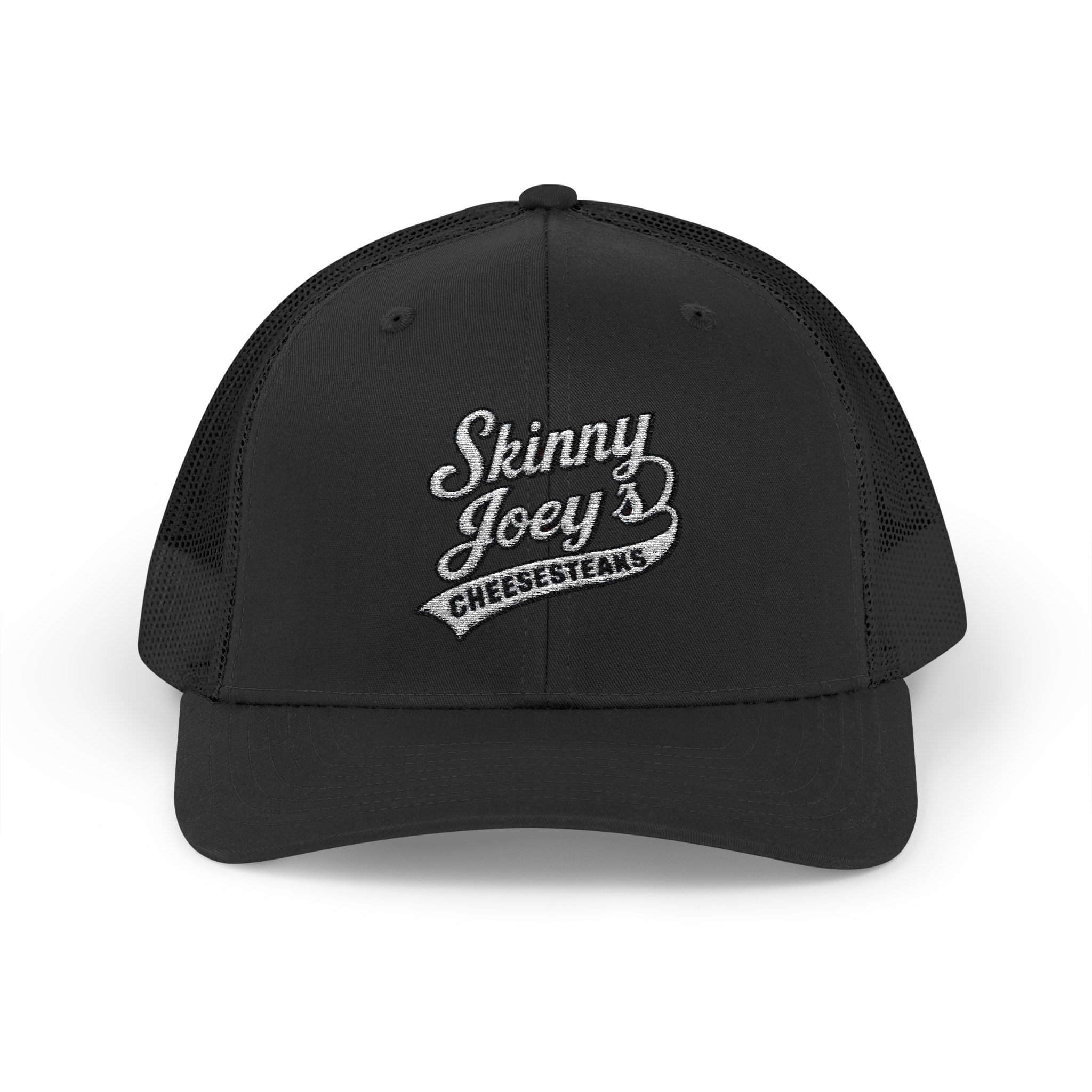 Black trucker cap with 'Skinny Joey's Cheesesteaks' logo on a white background