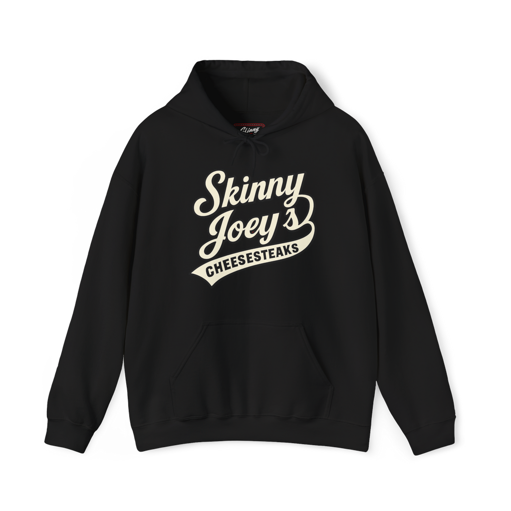 Black hoodie with 'Skinny Joey's Cheesesteaks' text on a white background