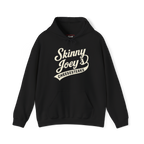 Black hoodie with 'Skinny Joey's Cheesesteaks' text on a white background