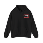 Black hoodie with a red and white logo on a white background