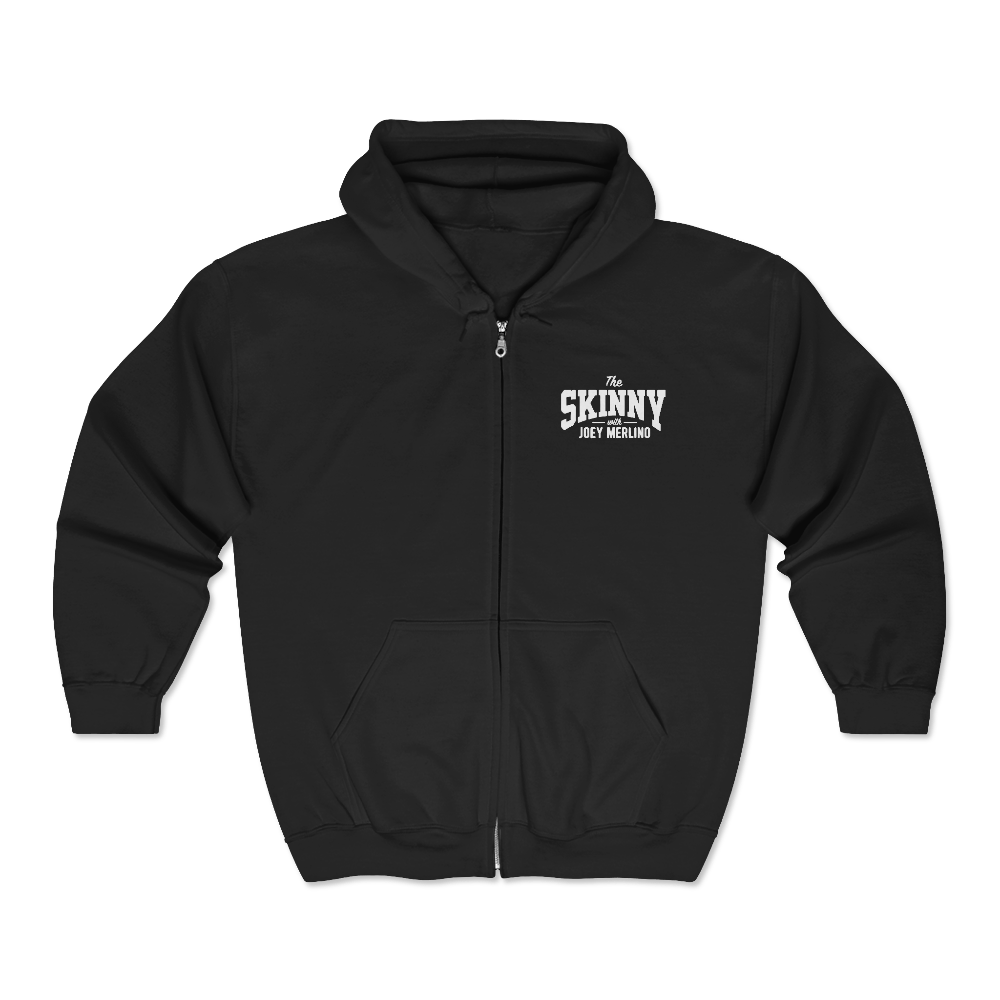 Black hoodie with 'The Skinny' text on a white background