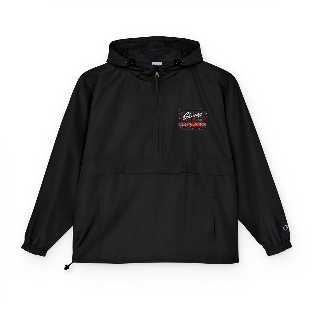 Black hooded jacket with a logo on the chest against a white background
