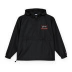 Black hooded jacket with a logo on the chest against a white background