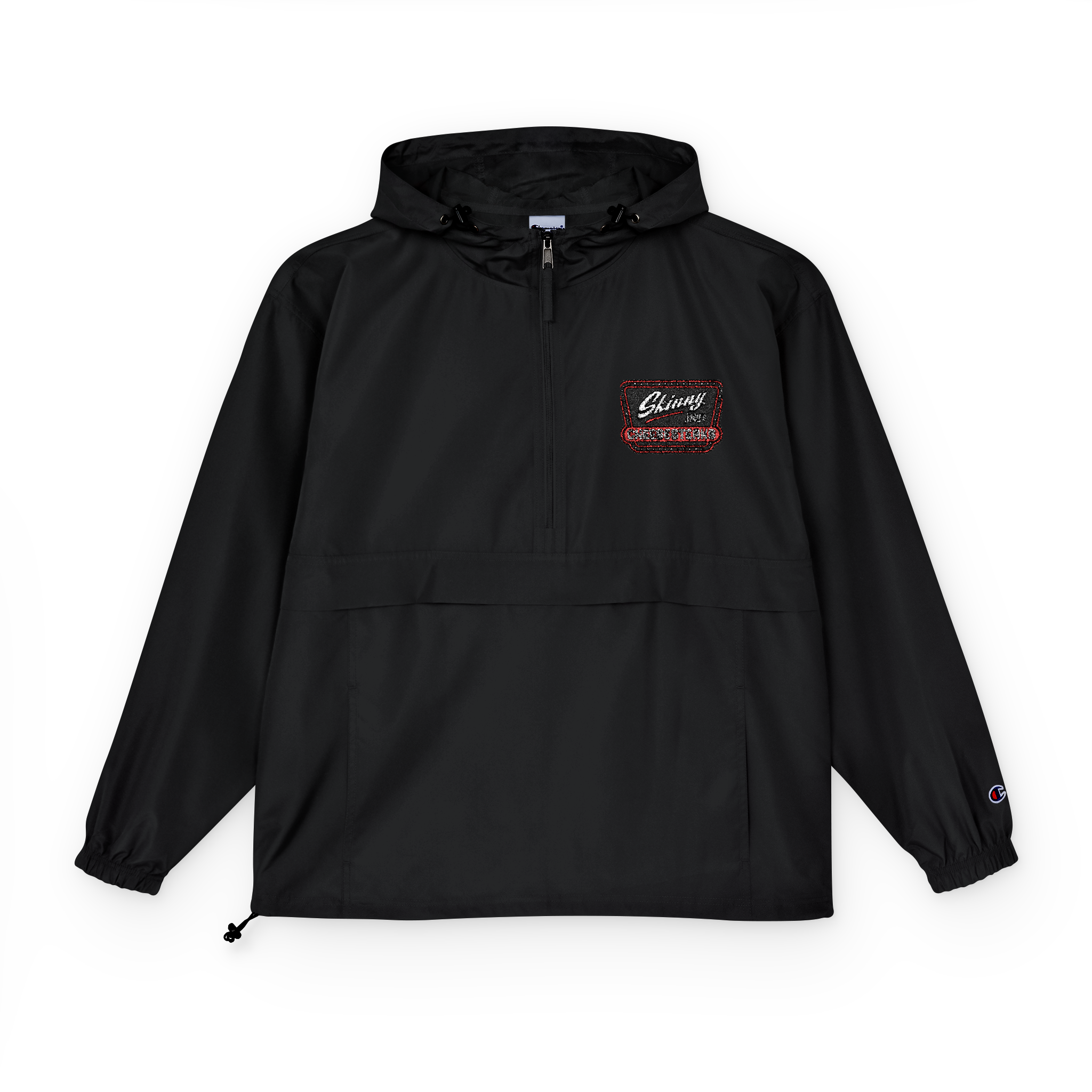 Black hooded jacket with a logo on the chest against a white background