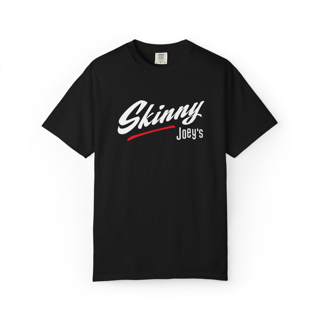 Black t-shirt with 'Skinny Joey's' text on a white background