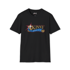 Black t-shirt with colorful graphic design on a white background