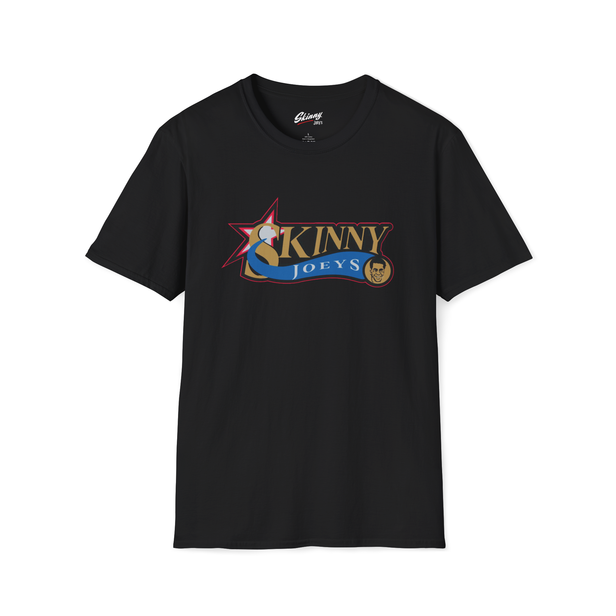 Black t-shirt with colorful graphic design on a white background