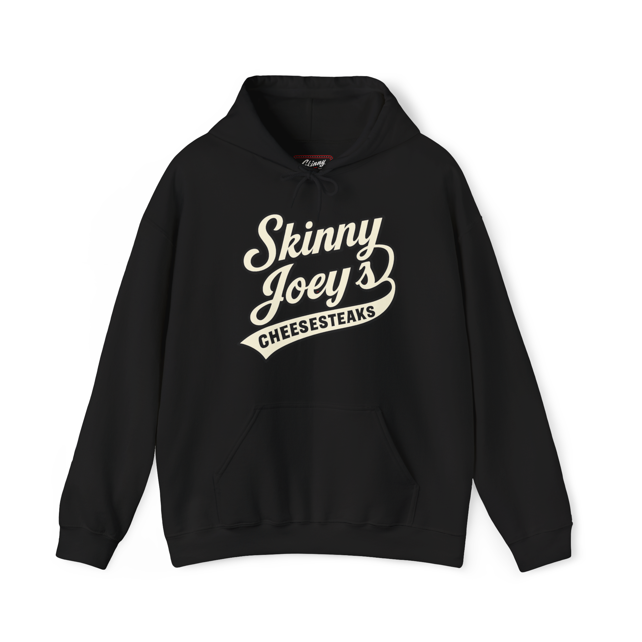 Black hoodie with 'Skinny Joey's Cheesesteaks' text on a white background