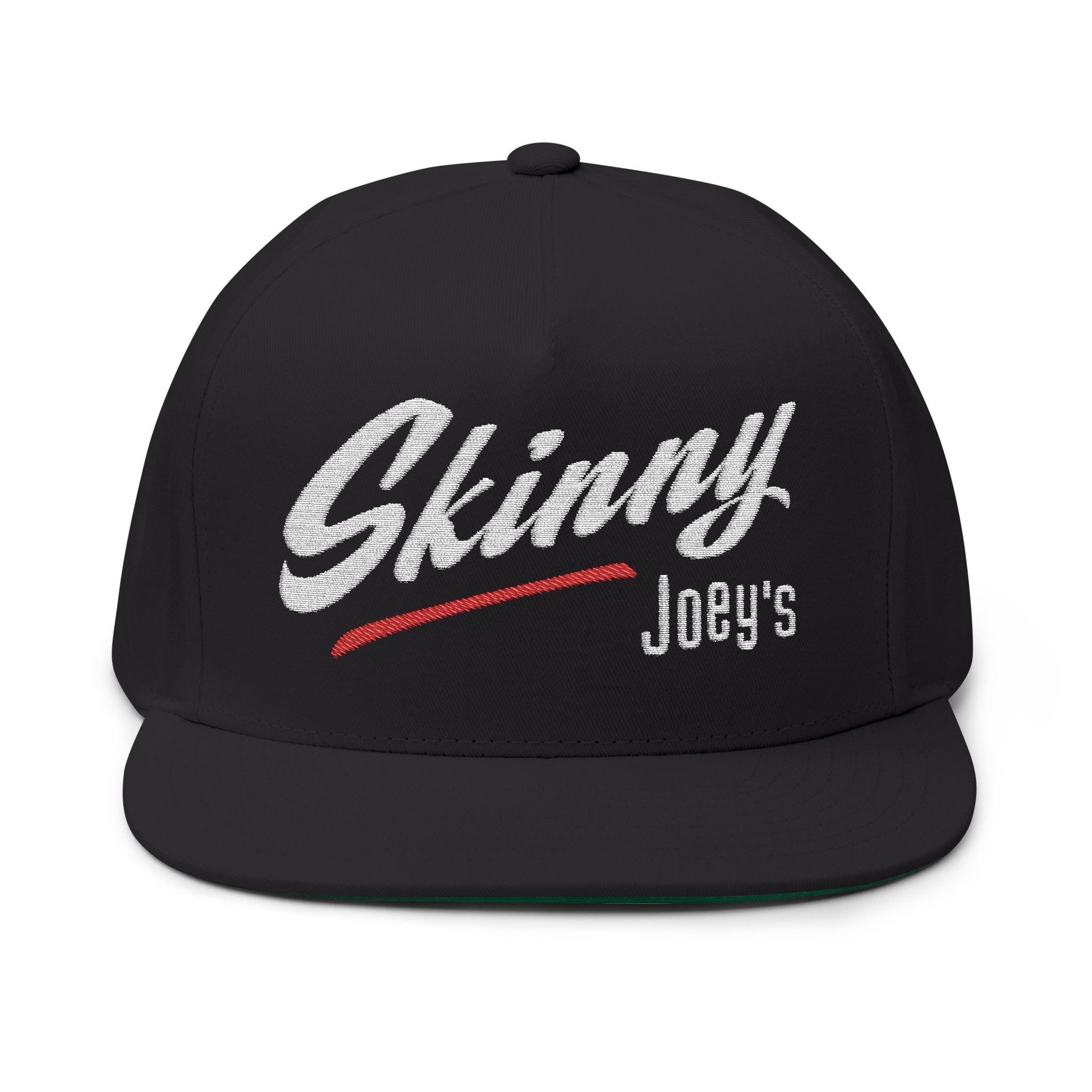 Black cap with 'Skinny Joey's' text on a white background