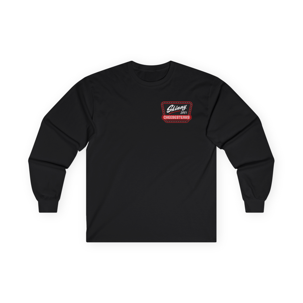 Black long-sleeve shirt with a logo on the chest against a white background