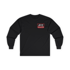 Black long-sleeve shirt with a logo on the chest against a white background