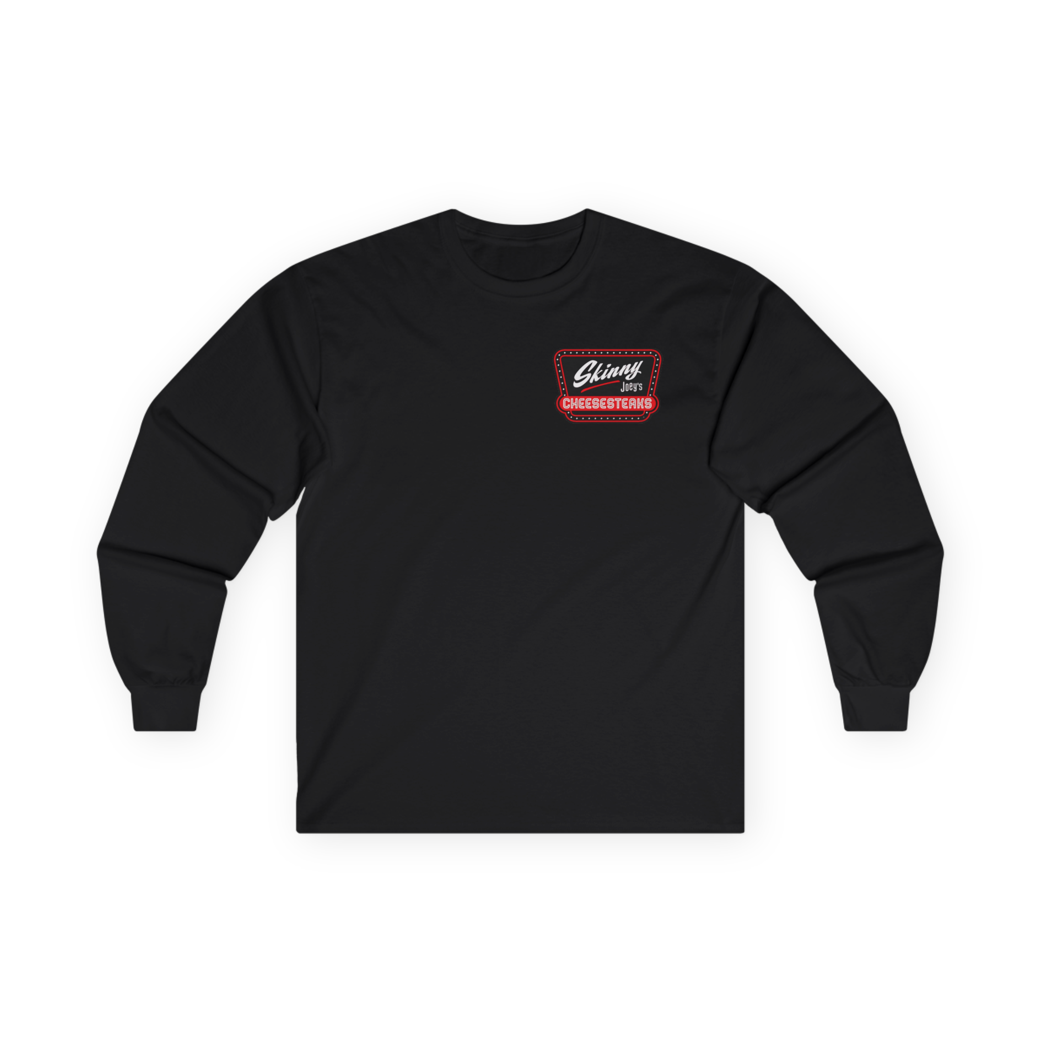 Black long-sleeve shirt with a logo on the chest against a white background