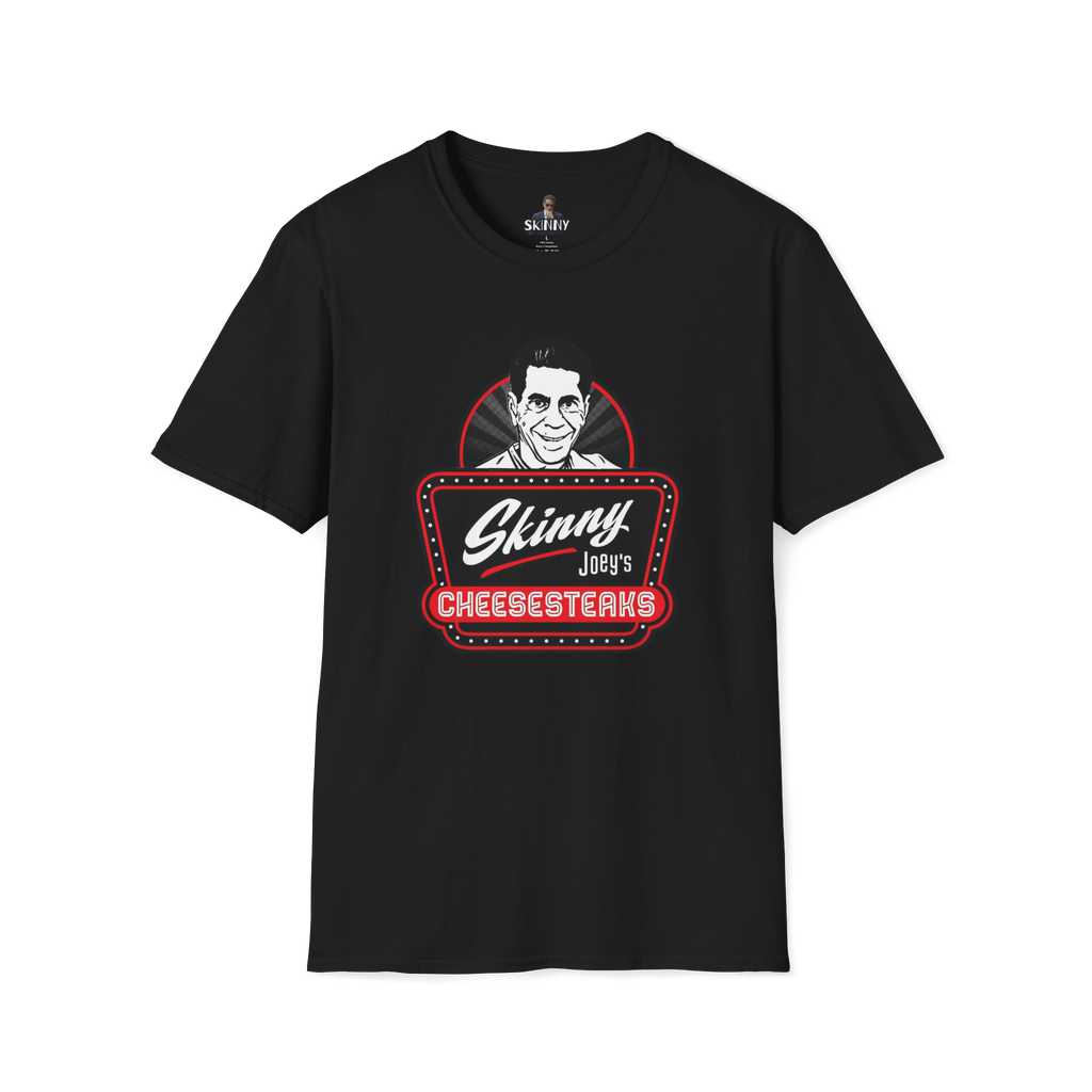 Black t-shirt with 'Skinny Joey's Cheesesteaks' graphic on a white background