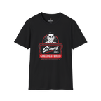 Black t-shirt with 'Skinny Joey's Cheesesteaks' graphic on a white background