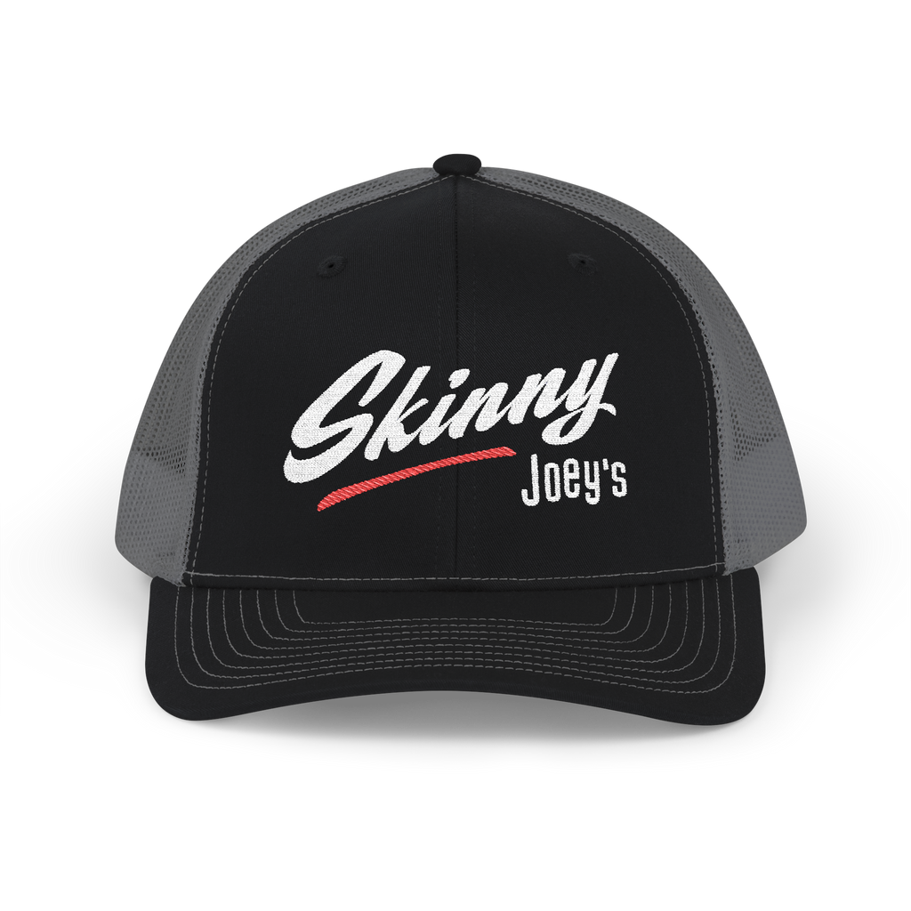 Black and gray cap with 'Skinny Joey's' text on a white background