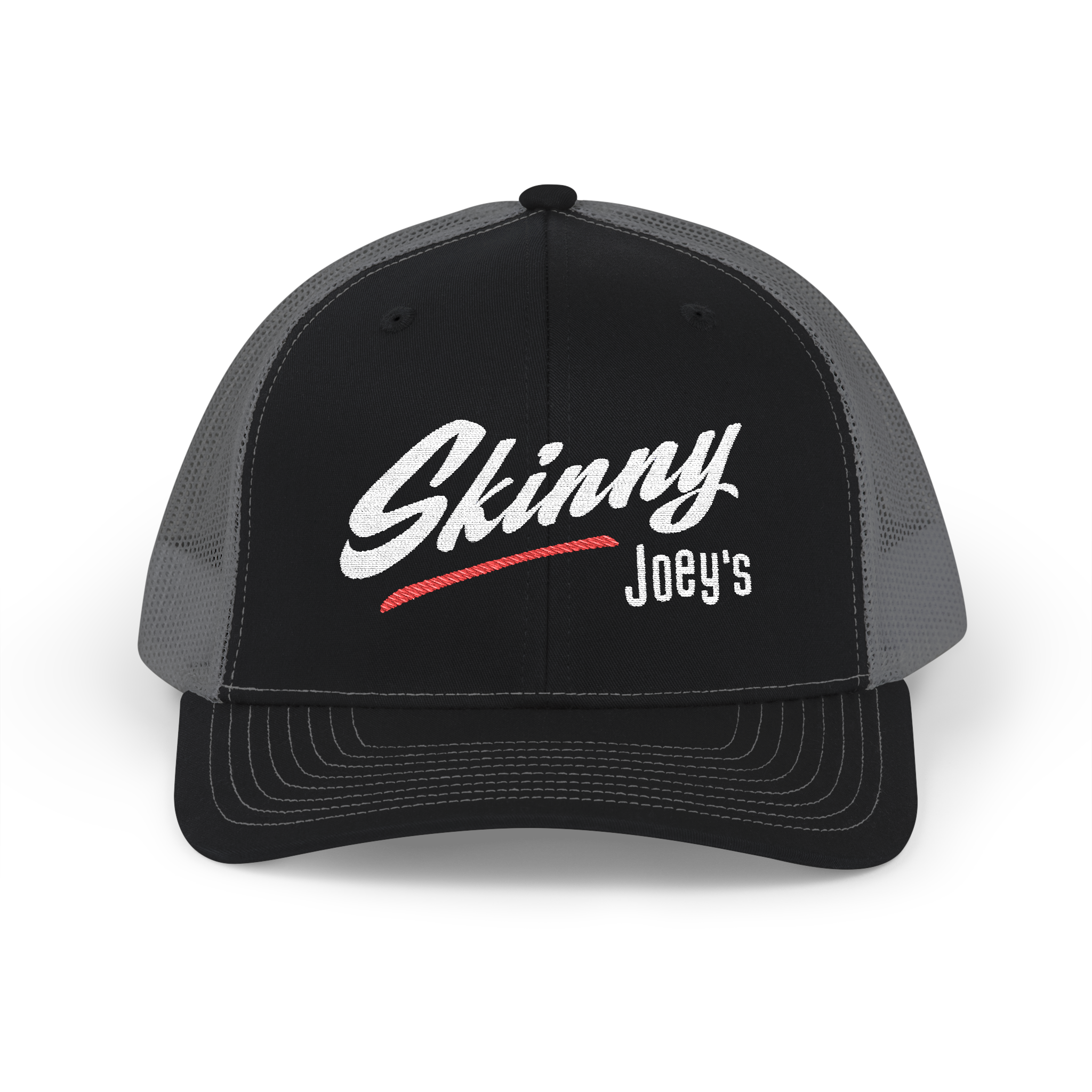 Black and gray cap with 'Skinny Joey's' text on a white background
