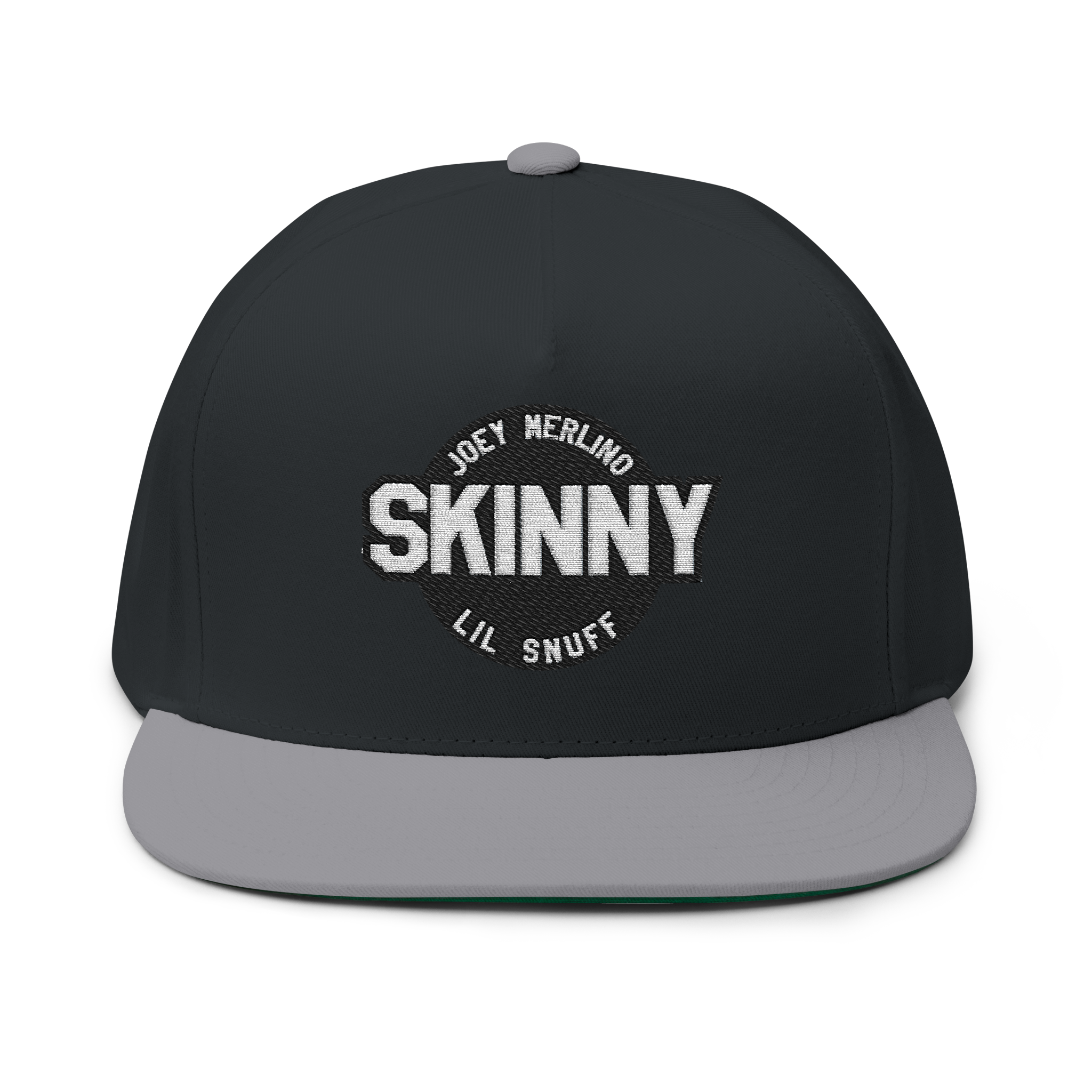 Black and gray cap with 'Skinny' and 'Joey Merlino Lil Snuff' text on a white background
