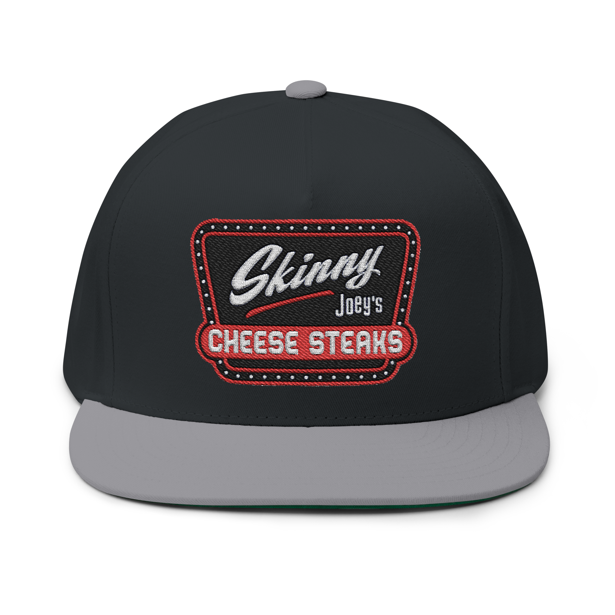 Black and gray cap with 'Skinny Joey's Cheese Steaks' logo on a white background