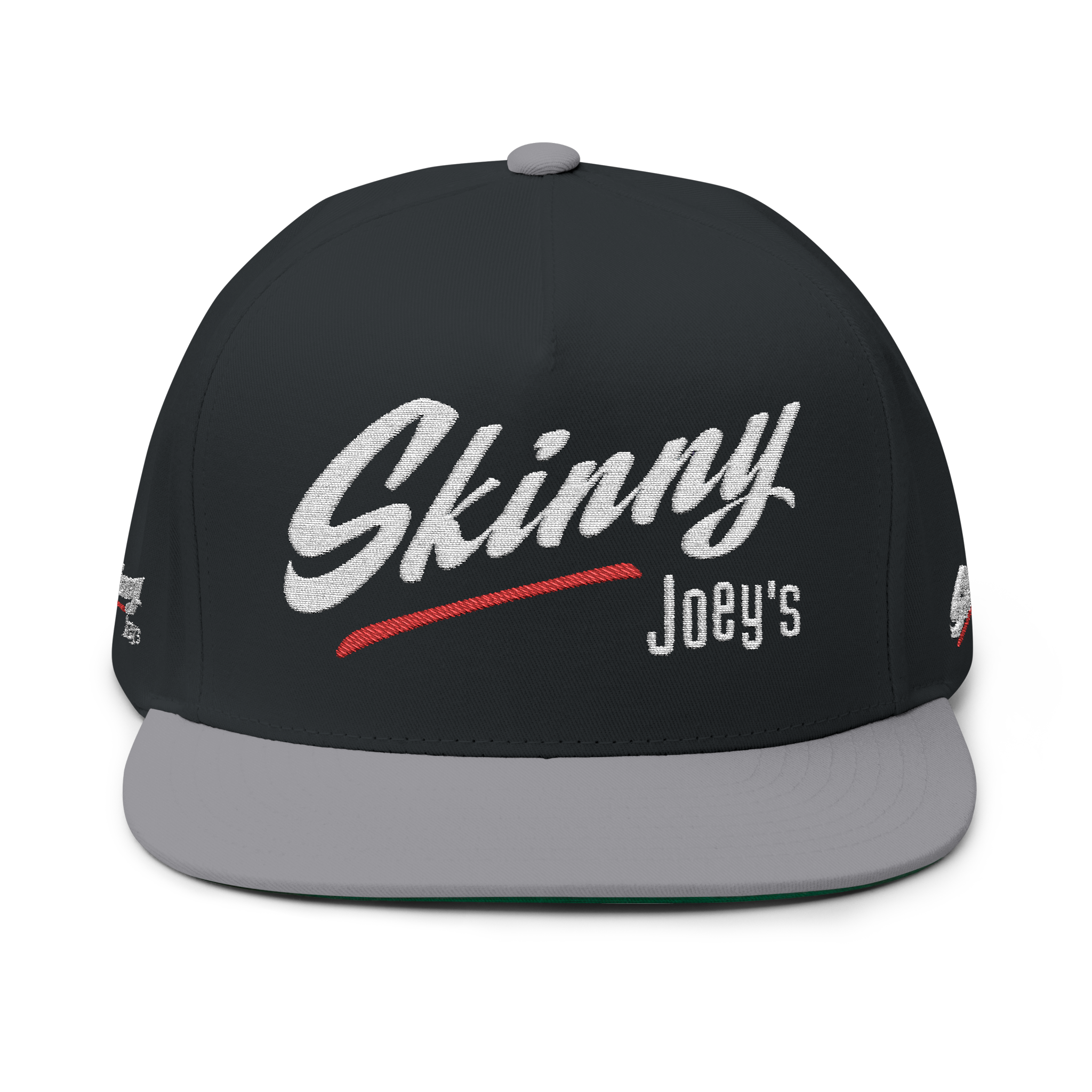 Black and gray cap with 'Skinny Joey's' text on a white background