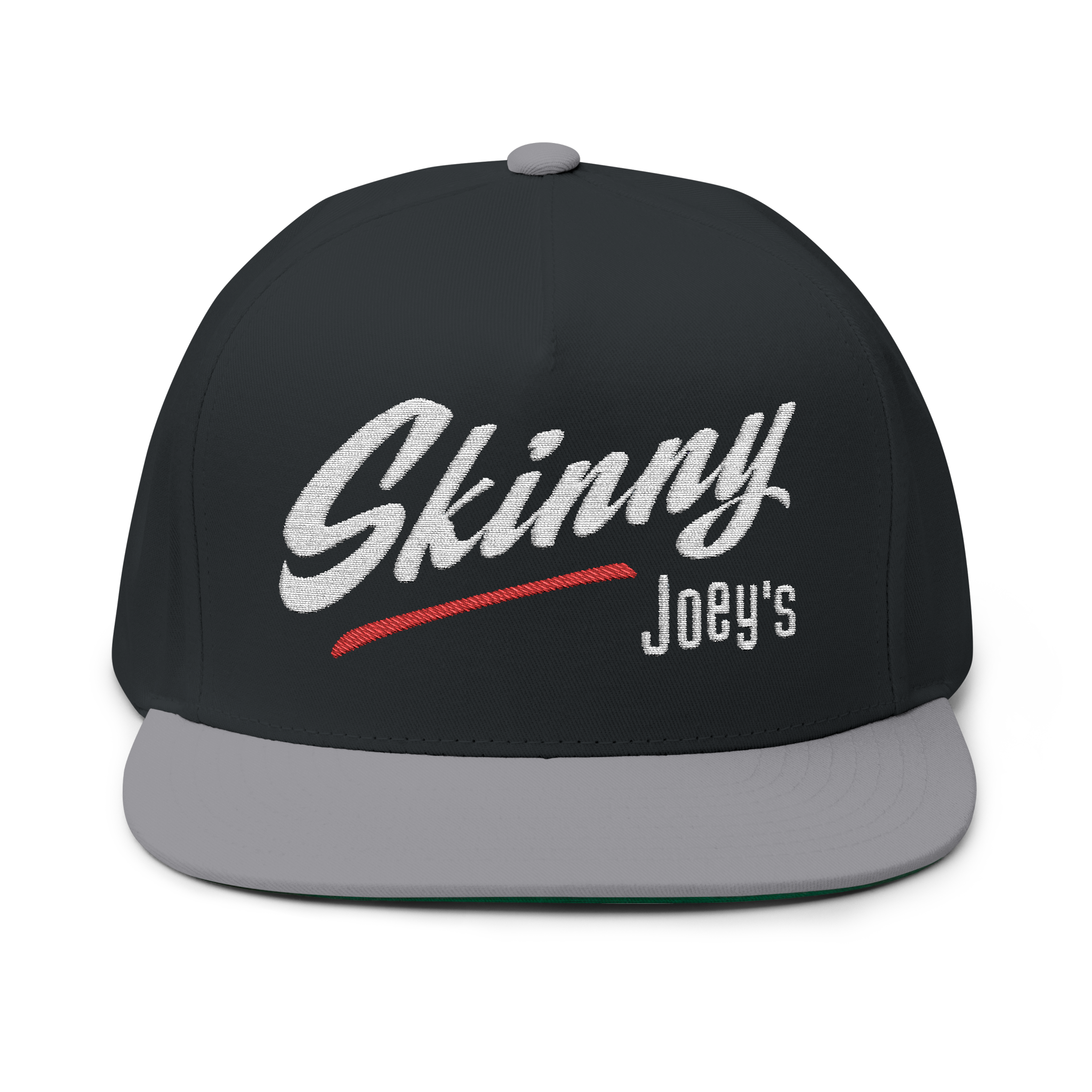 Black and gray cap with 'Skinny Joey's' text on a white background