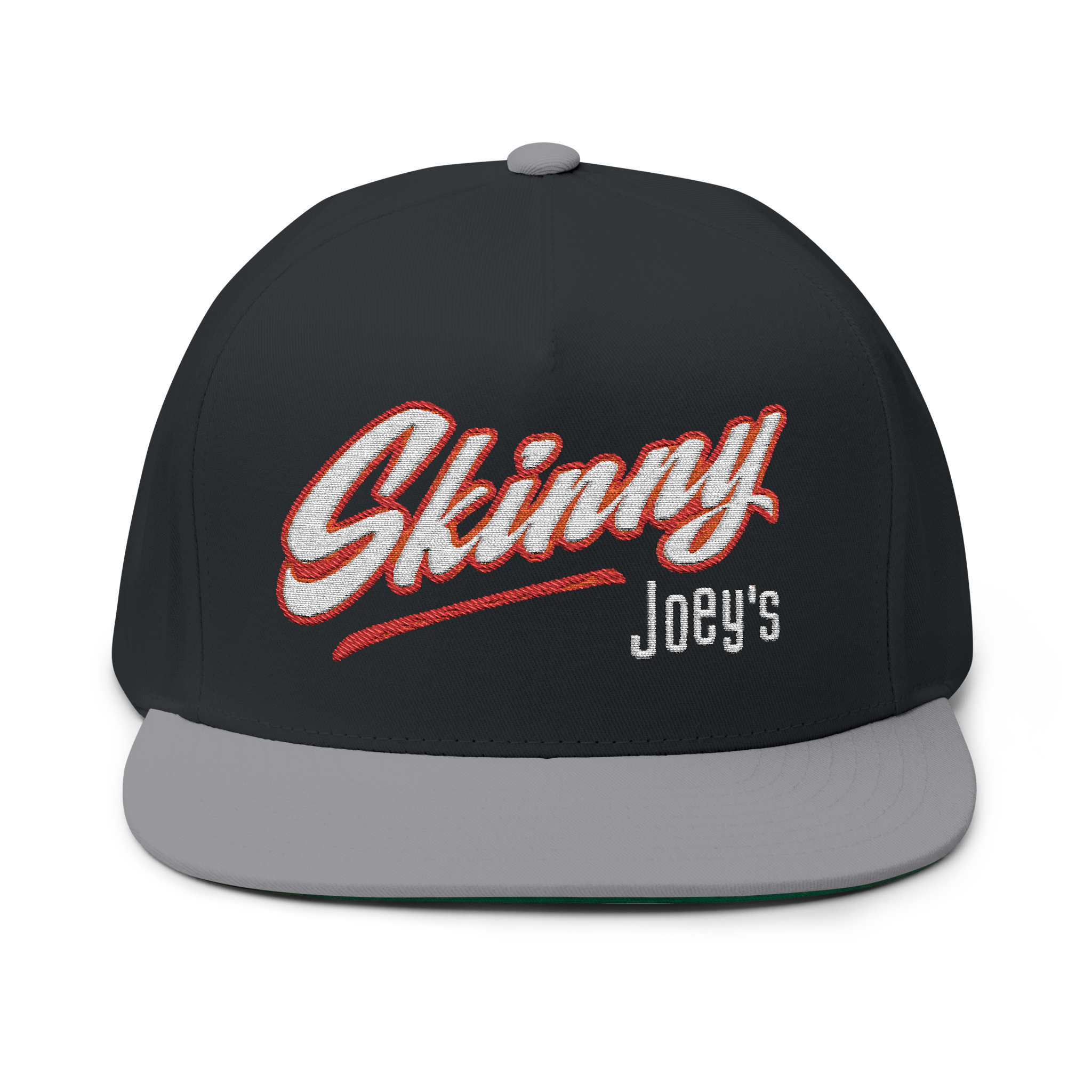 Black cap with 'Skinny Joey's' text on a white background