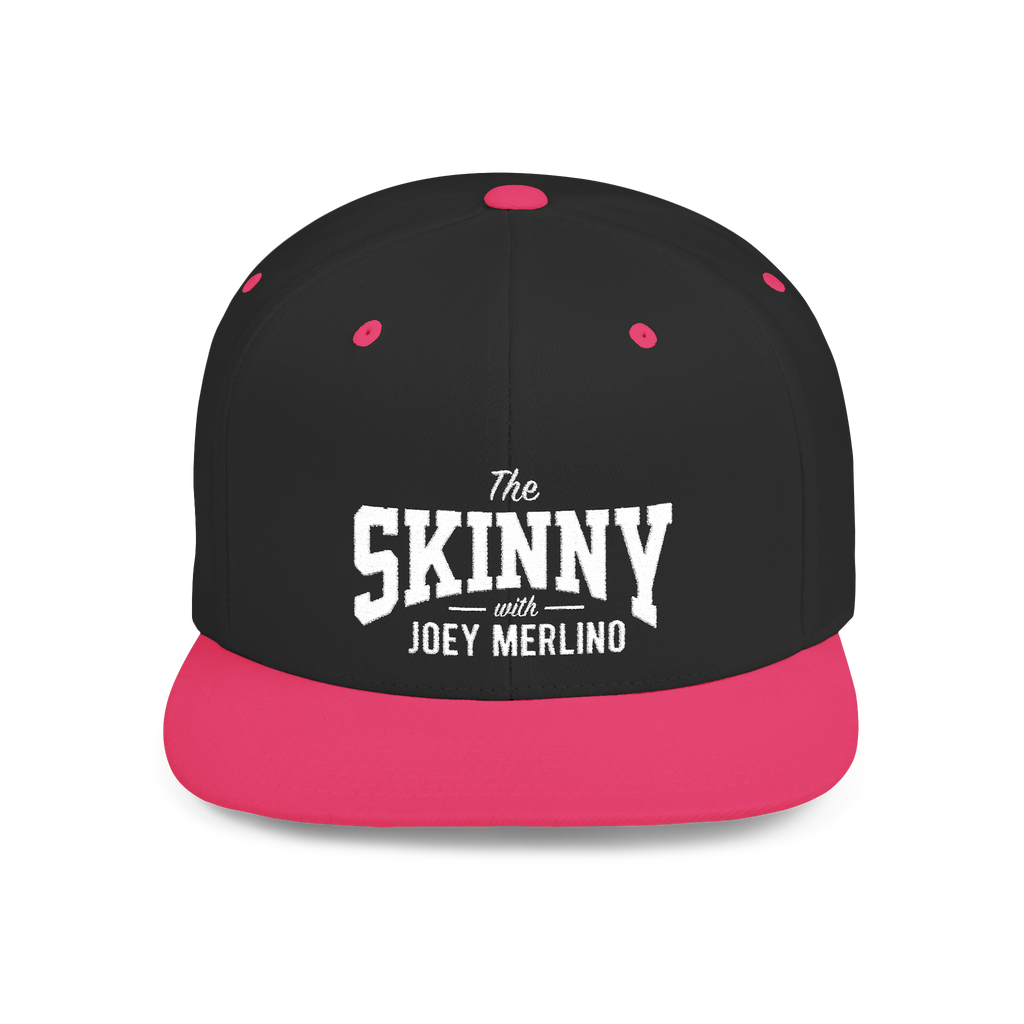 Black and pink cap with 'The Skinny with Joey Merlino' text on a white background