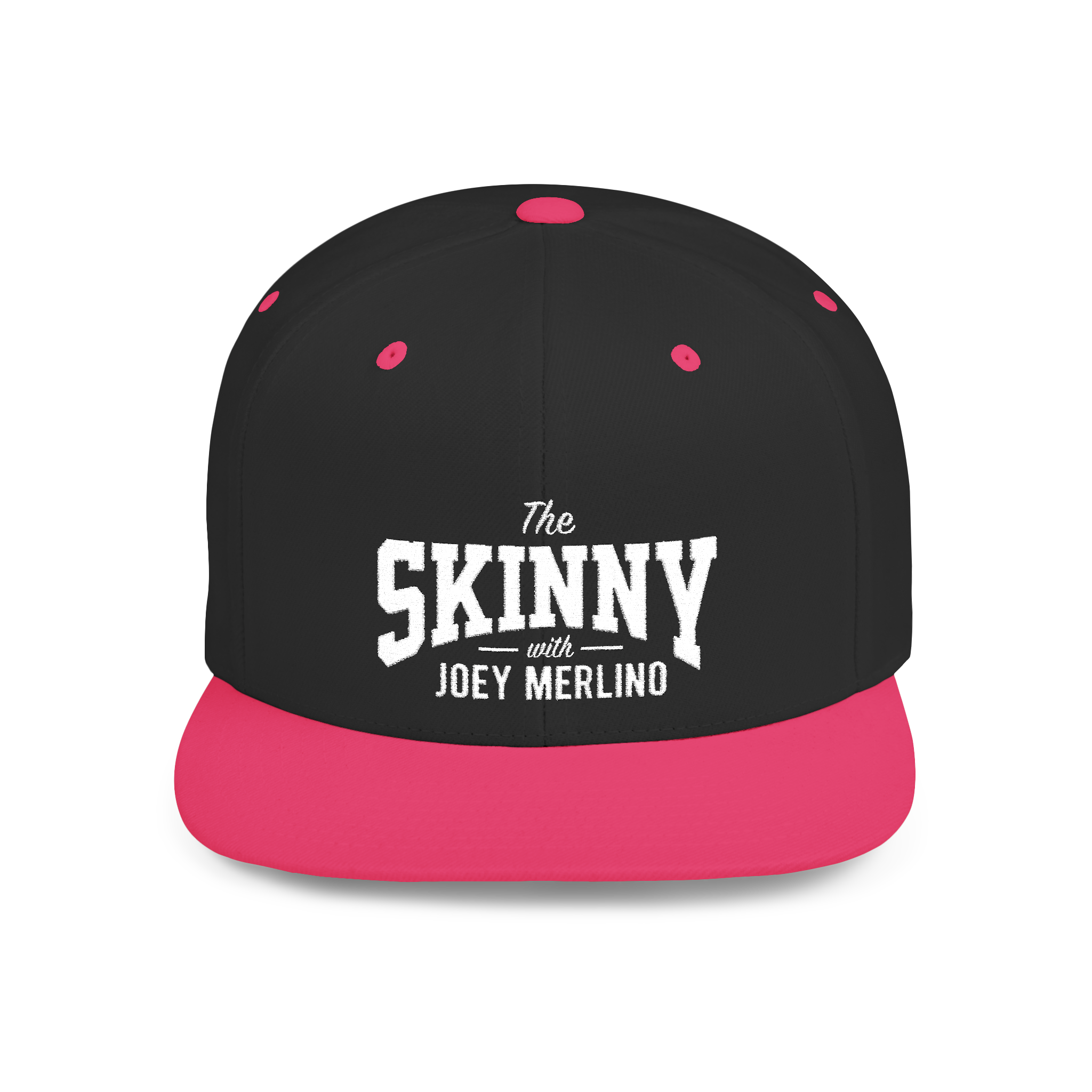 Black and pink cap with 'The Skinny with Joey Merlino' text on a white background