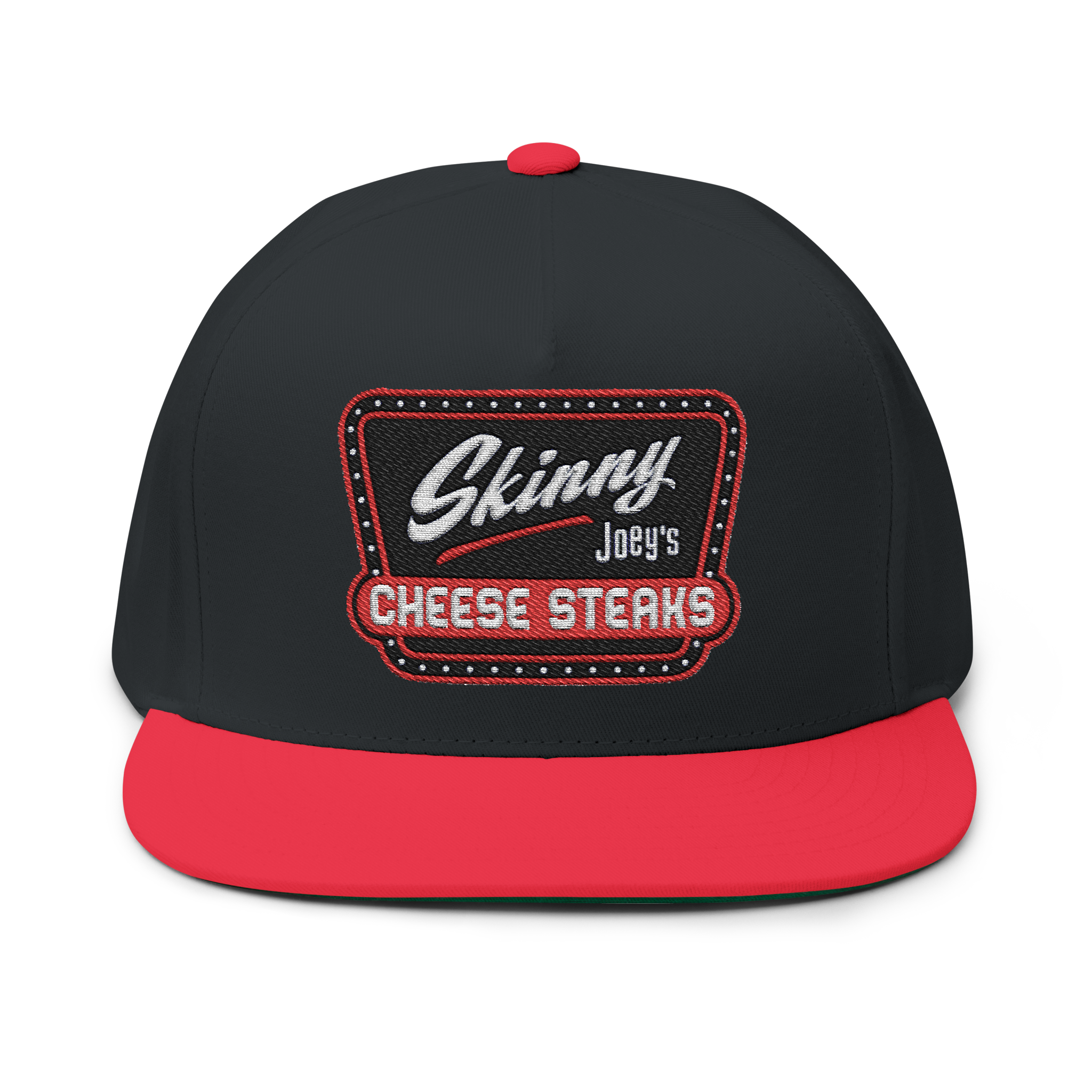 Black and red cap with 'Skinny Joey's Cheese Steaks' logo on a white background