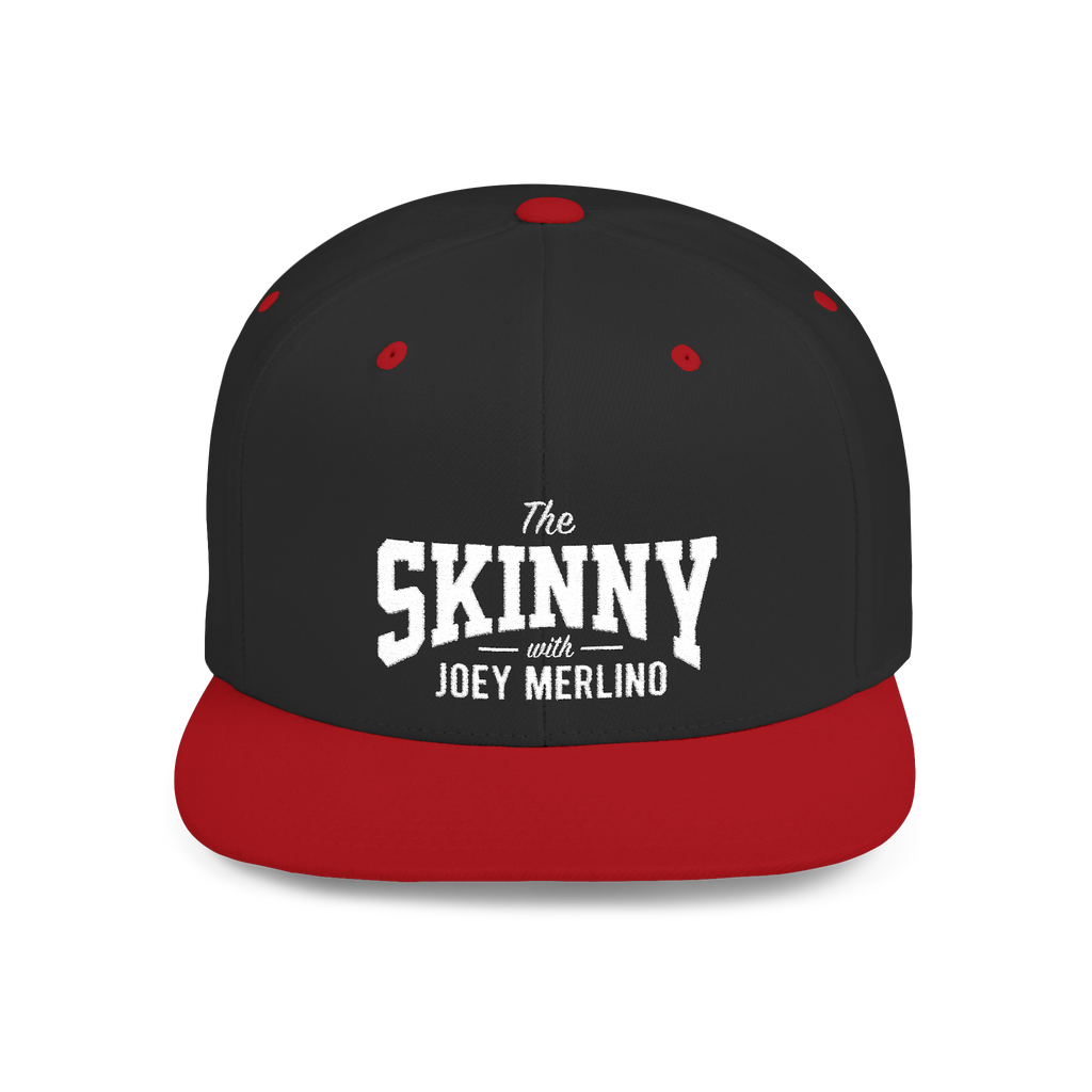 Black and red cap with 'The Skinny with Joey Merlino' text on a white background